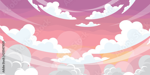 Cute pink sky illustration with cloud bubbles. Nature scenery theme