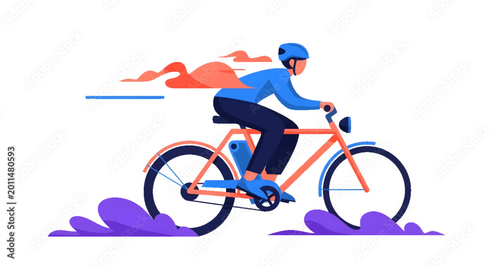 Fototapeta premium Man riding an electric bicycle with motion blur and stylized clouds, symbolizing speed and eco-friendly transportation