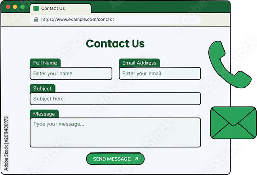 Contact us web page, email and phone icon, green website form, online support, contact form