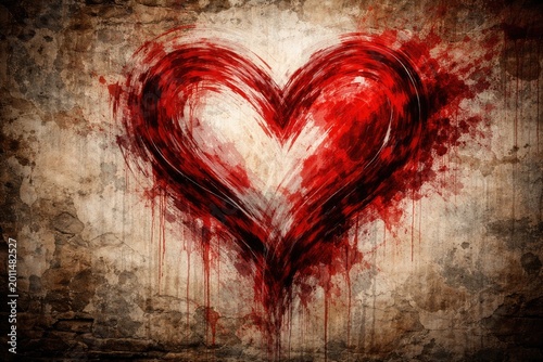 Classic red white abstract heart artwork on old wall