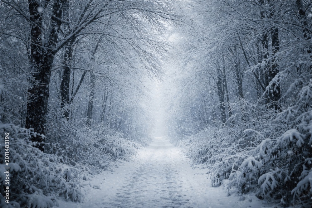 Obraz premium Snowfall blankets a narrow path beneath frost coated winter trees