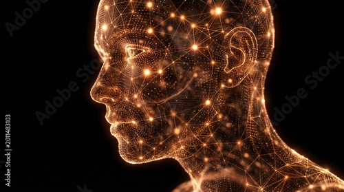 Glowing digital human face profile made of connected data points and neural network lines on a dark background.