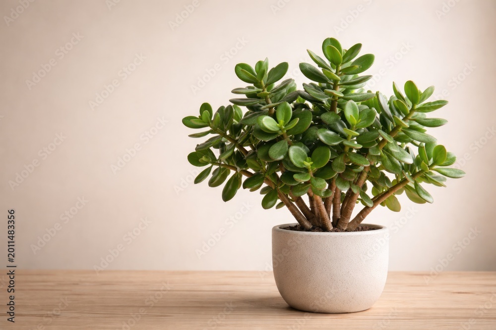Fototapeta premium Full view of jade family succulent with copyspace space