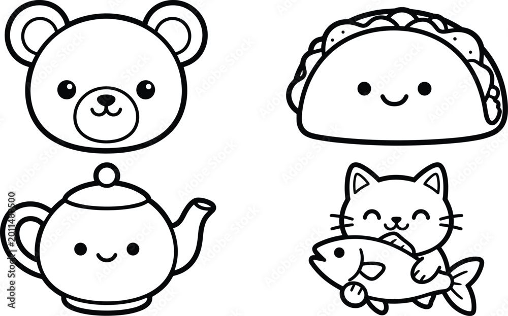 Fototapeta premium Kawaii, coloring, book, page, set, featuring, cute, bear, face, happy, taco, smiling, teapot, and, cat, holding, fish, vector, line, art