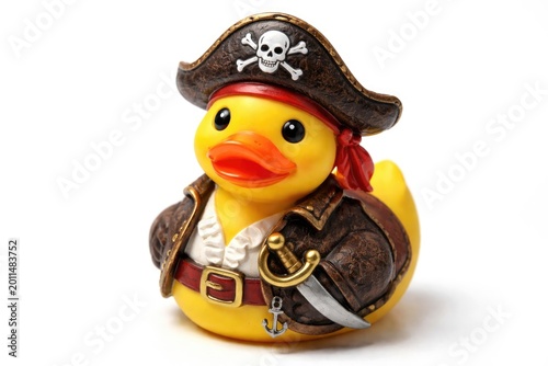Whimsical pirate costume rubber duck posing on clean white surface