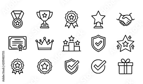 Obraz na plátne Reward and achievement line icon set with badges trophies and success symbols fo