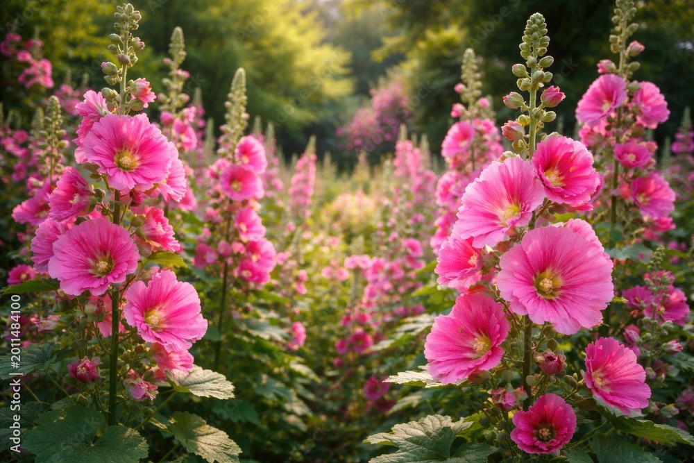 Obraz premium Lush garden backdrop featuring vivid pink hollyhock flowers in full bloom
