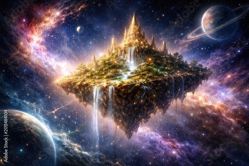 Fantasy artwork showing a golden island flying through the galaxy