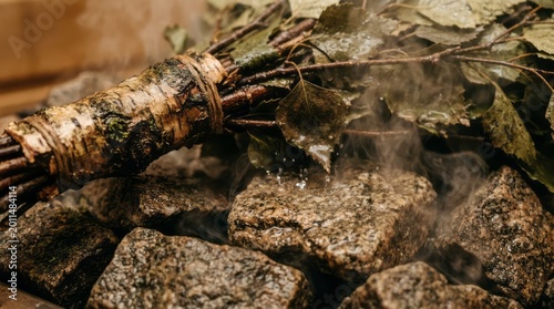 Birch Broom on Hot Stones Sauna Hot Stones Steam Wellness Relaxation Spa Nature. Concept featuring sauna, hot stones, steam, wellness, relaxation for professional commercial design.