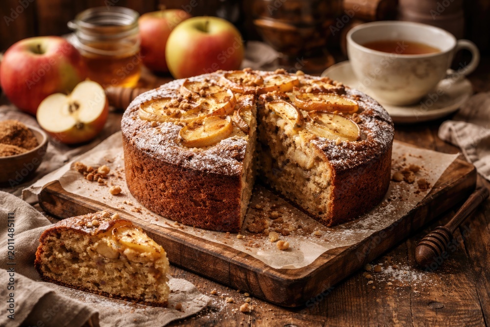 Fototapeta premium Sweet apple tea cake placed on an aged wooden countertop