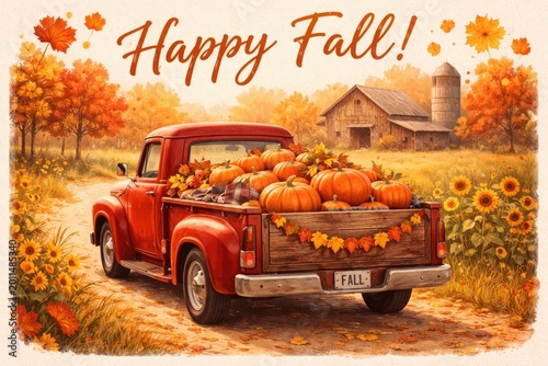 Fall greeting card concept featuring a pickup truck delivering pumpkins in flat art style