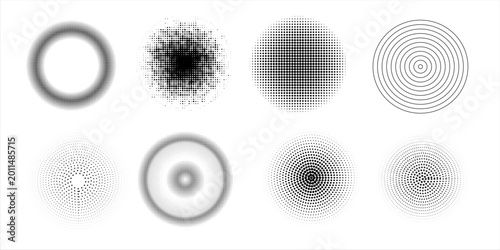 Dot radial ripple halftone patterns with circular gradients and wave effects. Black various geometric textures for print design, backgrounds or modern abstract compositions on white surface.