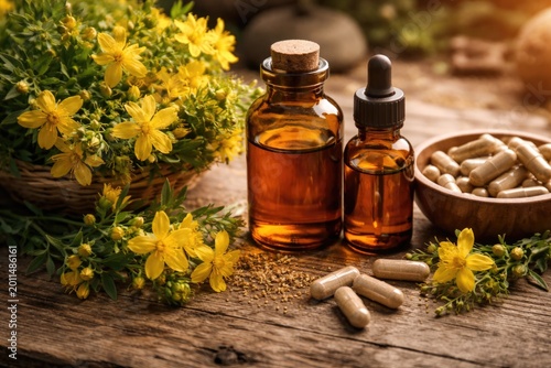 Saint Johns Wort herb and herbal extract bottles combined with capsules on wooden background