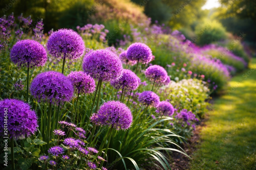 Obraz premium Vibrant purple allium flowers sprouting in a lush garden border