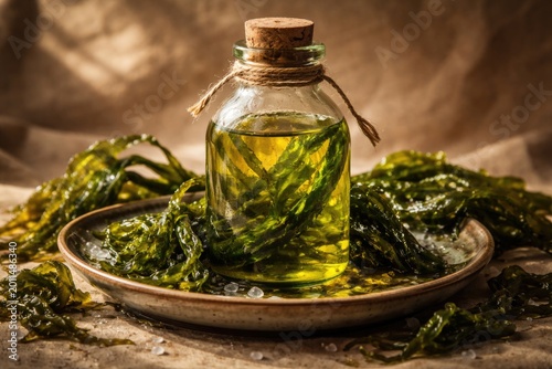 Organic ingredient highlight showing seaweed and algae oil glass bottle with live seaweed immersed in water tied with rope on a dish with brown paper backdrop