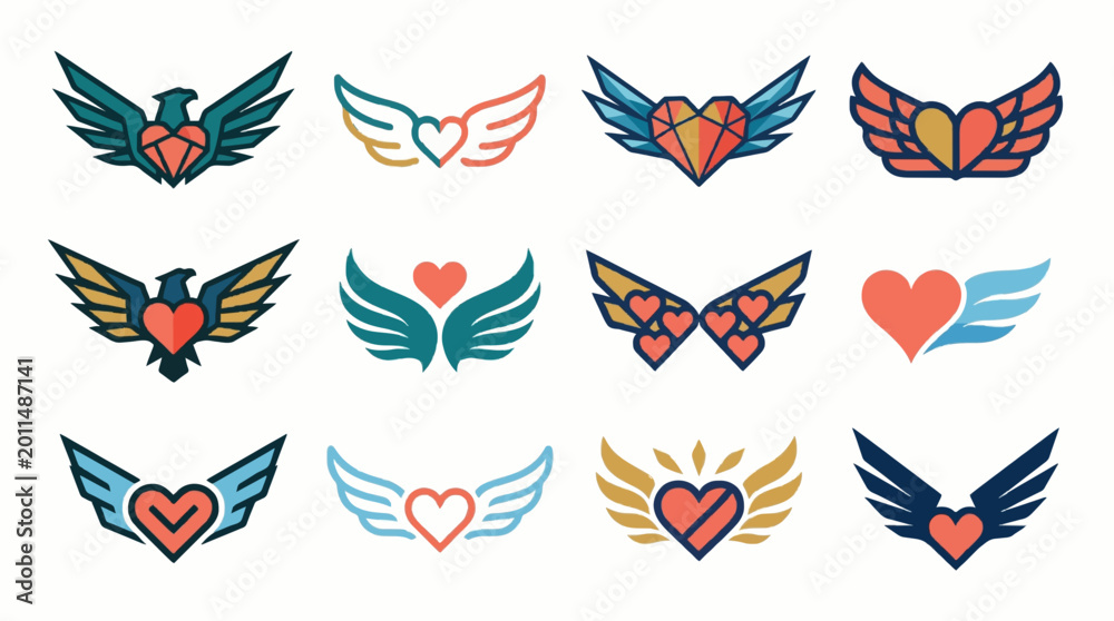 Fototapeta premium Modern wing icon set with abstract eagle angel and heart shapes minimal vector illustration for branding and design