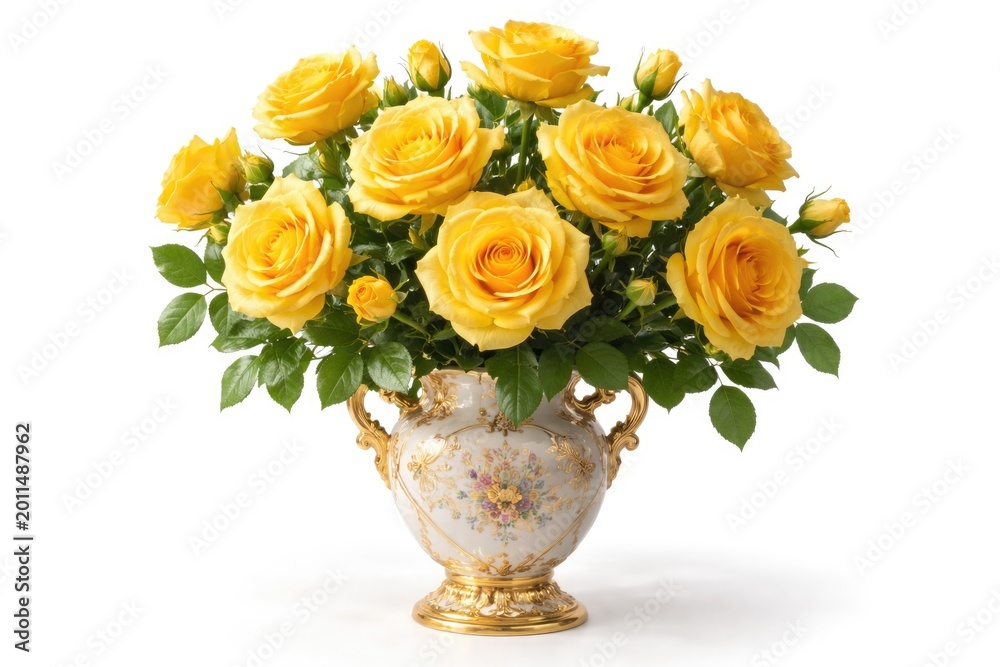 Obraz premium Vibrant yellow roses in a decorative vase isolated on a white backdrop
