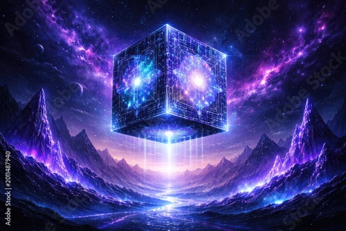 Mystical glowing cube floating in a futuristic cosmic environment with ultraviolet illuminated mountains