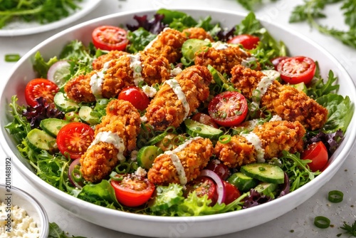 Vibrant green salad blending fresh tomatoes and crispy fried chicken on a clean white base