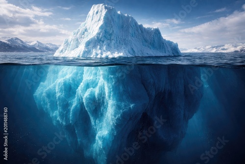 Detailed depiction of iceberg with contrasting above and below water portions