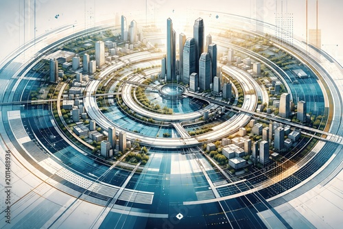 modern circular cityscape design with linear and dotted elements