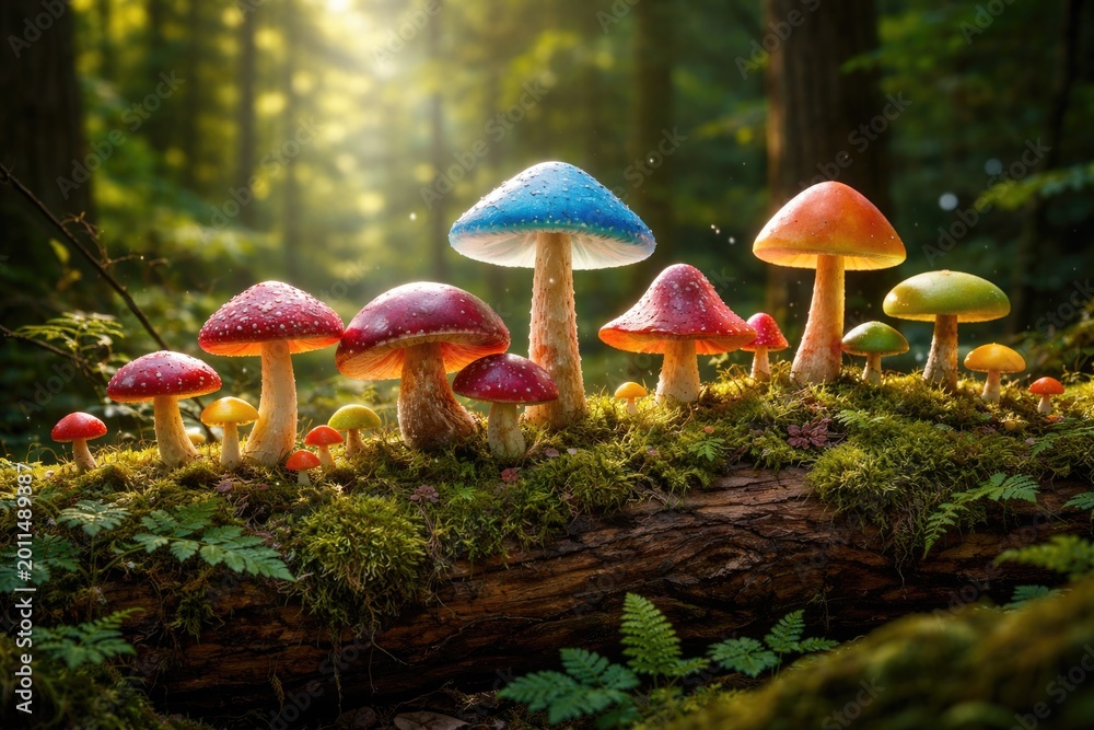 Fototapeta premium Whimsical collection of colorful mushrooms thriving on moss lined log in flourishing woods
