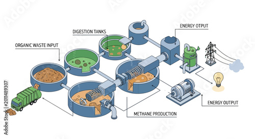 Bilde på lerret Diagram illustrating the process of anaerobic digestion for organic waste treatment and energy production, showing input, digestion tanks, methane production, and energy output