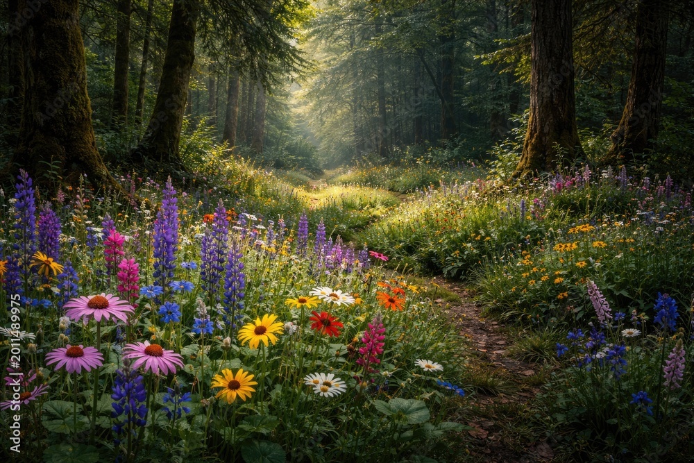 Fototapeta premium Vivid wildflowers growing in a shady forest glade