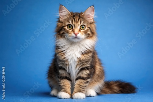 Young long haired torbie cat in front view posed on lively blue backdrop with copy space