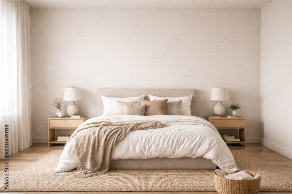 Fototapeta premium Simple bedroom decor emphasizing blank wall space and inviting bedding