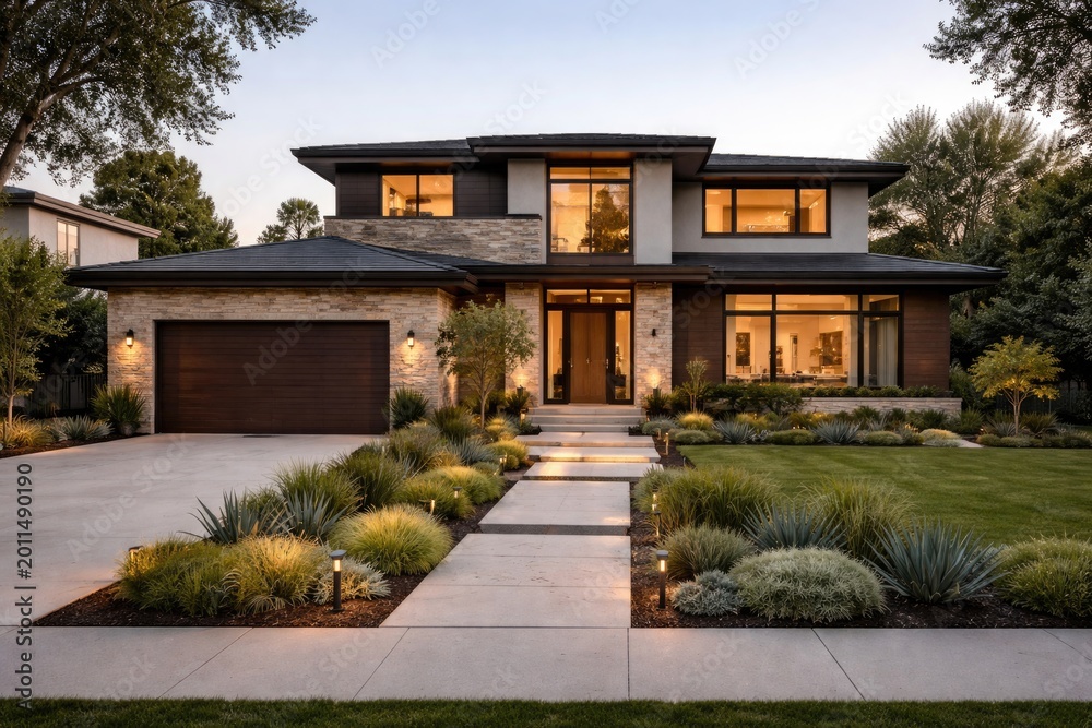 Fototapeta premium Up to date suburban residence showing modern materials and landscaped front yard