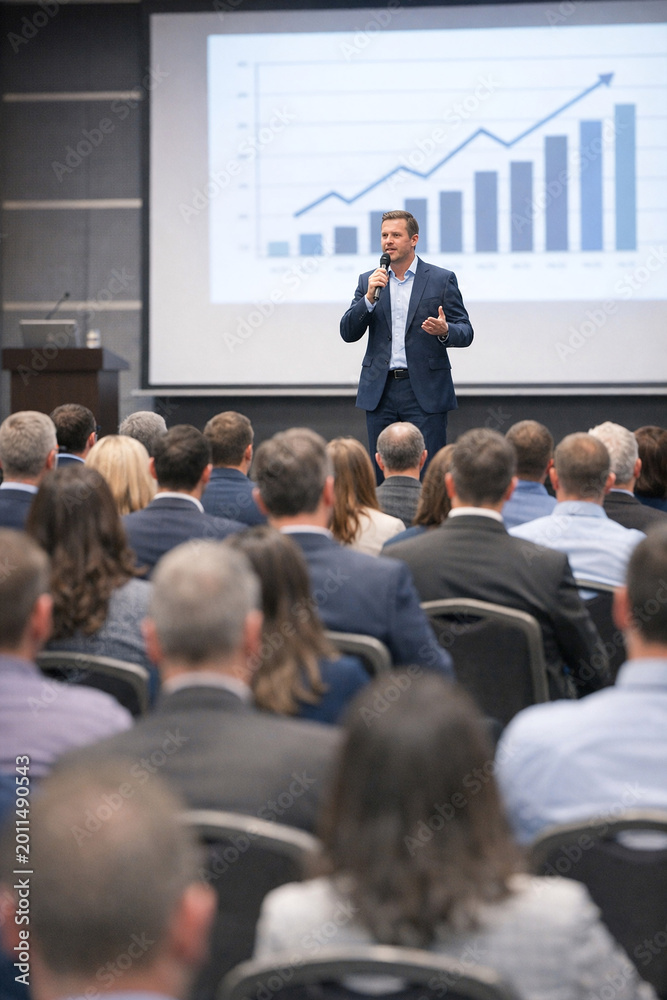 Obraz premium Man speaks to audience during business presentation. He gestures toward upward-trending graph on screen. Attendees sit attentively in rows of chairs