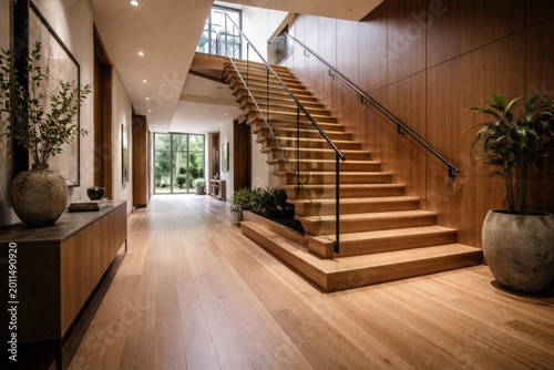 Stylish wooden steps featured in wide hallway of modern residence
