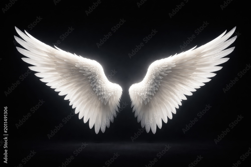 Fototapeta premium Bright white wings displayed on a dark minimal background with copy space