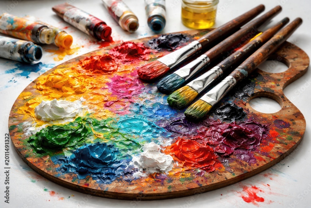 Obraz premium Assorted vibrant oil paints on artist palette with brushes against white surface