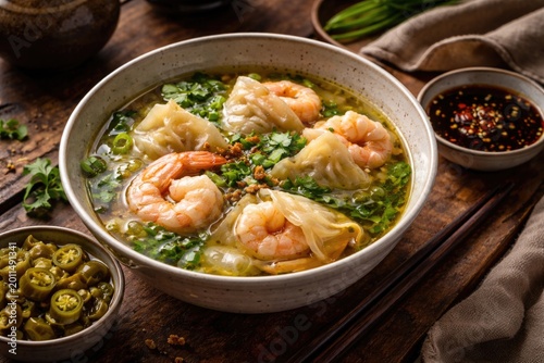 Savory shrimp wanton soup paired with tangy green pickled chili and rich soy sauce