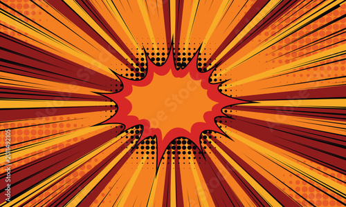 Orange and yellow comic book background with dynamic speed lines and blast speech bubble