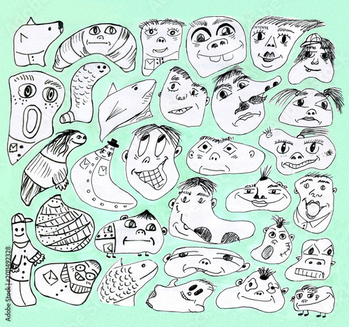 Funny cool hand-drawn faces of strange creatures with different emotions in freehand style of childlike doodle drawing isolated on light background.