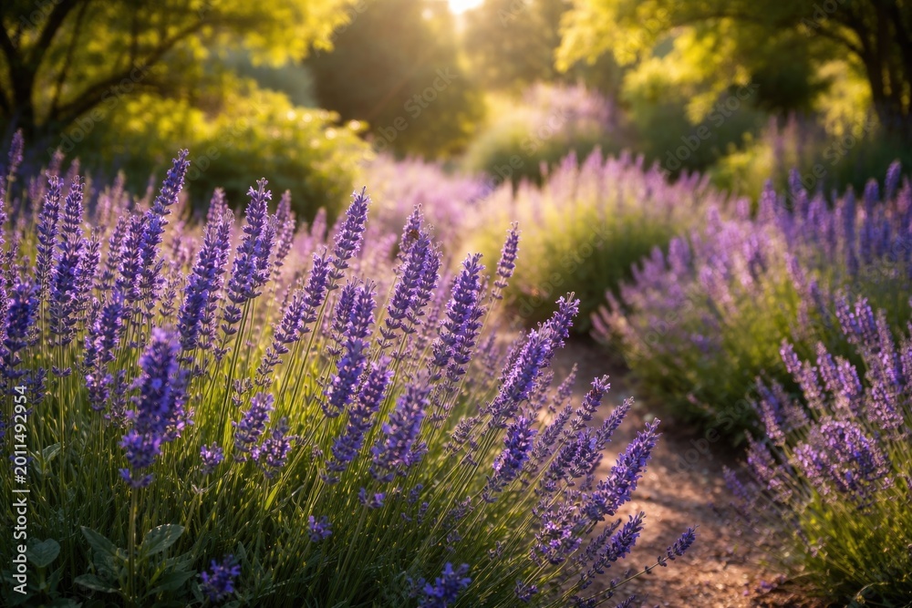 Fototapeta premium Bright summer garden filled with lavender plants bearing long blue petals