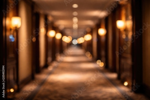 Cinematic blurred corridor with bokeh light effects in luxury hotel interiors for creative background