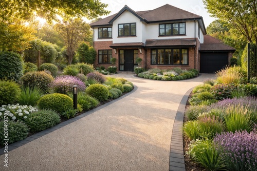 Residential property renovation with resin driveway and flourishing landscaped garden