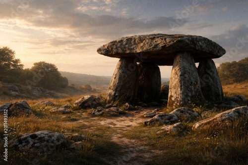 Prehistoric ancient dolmen structure set in quiet landscape with text space available