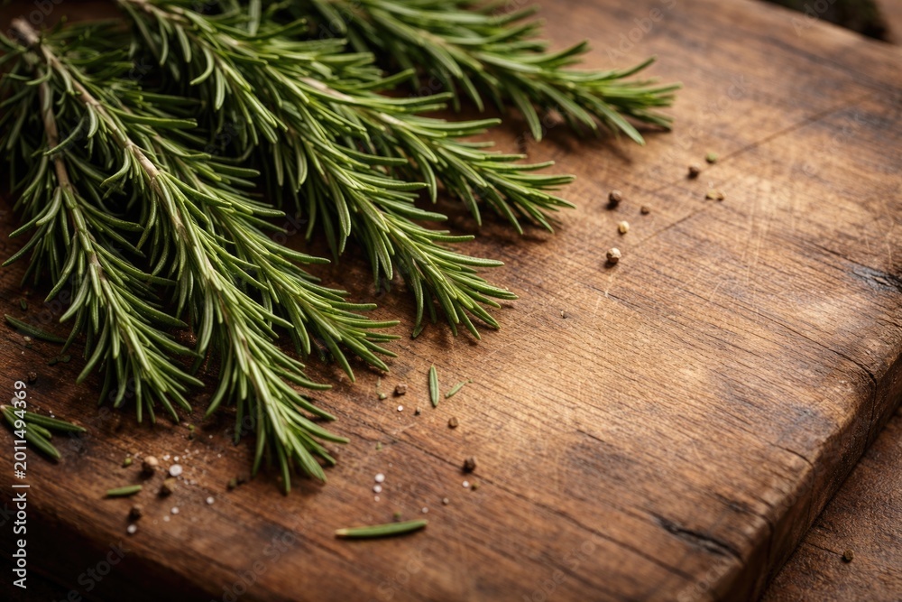 Naklejka premium Raw rosemary branches arranged on natural cutting surface with copy space