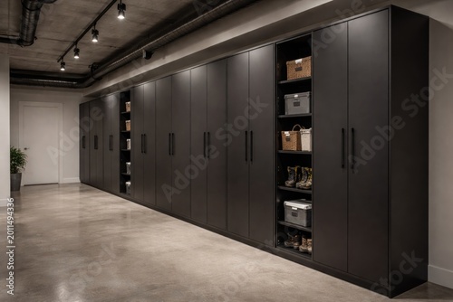 Row of tall black storage units in a modern basement
