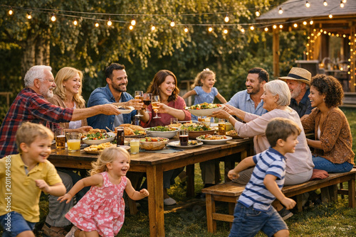 Family gathers around outdoor table under string lights. Children run joyfully nearby, laughing and playing. Adults share food, clinking glasses in celebration. Wooden table holds bowls, plates