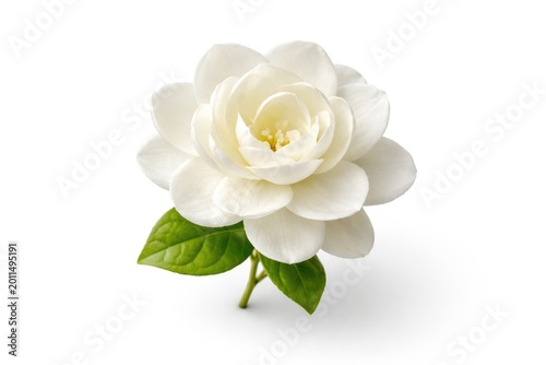 Single Jasminum sambac bloom isolated against a clean white backdrop
