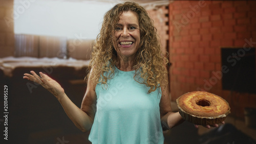 Foto Woman holding a sponge cake, smiling and pointing down with her hand inside a bakery building, presenting baked bread and ring cake for comparison; homemade pride