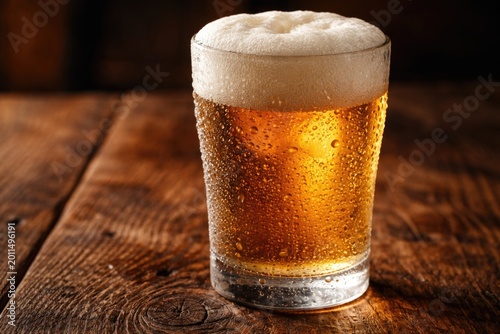 Macro shot of an icy cold beer glass on a natural wood grain surface