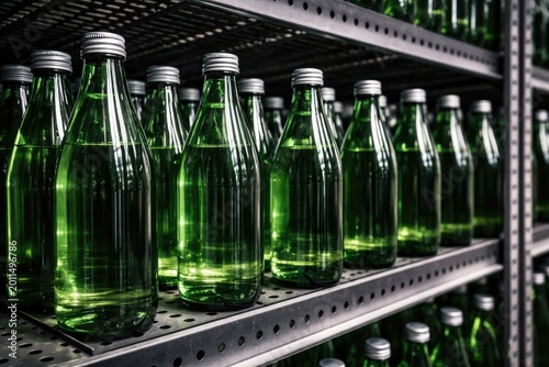 Close up image of green glass water bottles with silver caps displayed on an industrial shelving rack