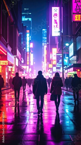 Neon-lit city street with pedestrians on a wet night
